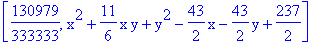 [130979/333333, x^2+11/6*x*y+y^2-43/2*x-43/2*y+237/2]